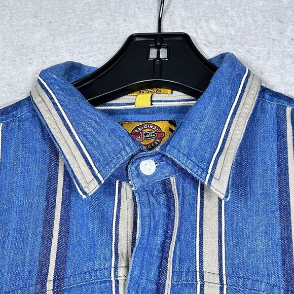 Justin Shirt Men’s Large Blue Striped Pearl Snap Western Workwear Long Sleeve - Picture 2 of 14
